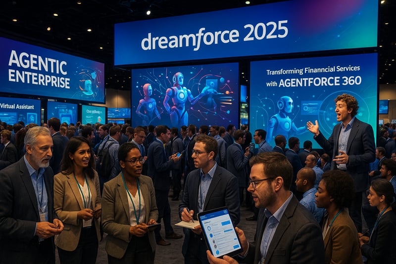 A bustling conference hall filled with attendees engaged in discussions all under the bright colorful lights of Dreamforce