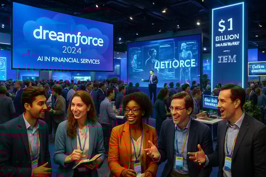 A bustling convention center filled with excited attendees each wearing colorful badges representing their participation in Dreamforce 2024 Large scre