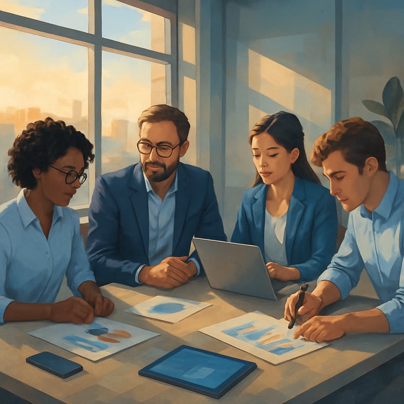 A tranquil scene unfolds in a modern office where a diverse group of professionals collaborates around a sleek minimalist