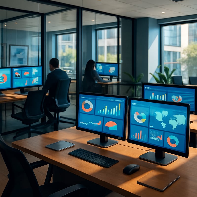 In a modern office space sleek glass partitions separate various workstations each adorned with multiple screens displaying