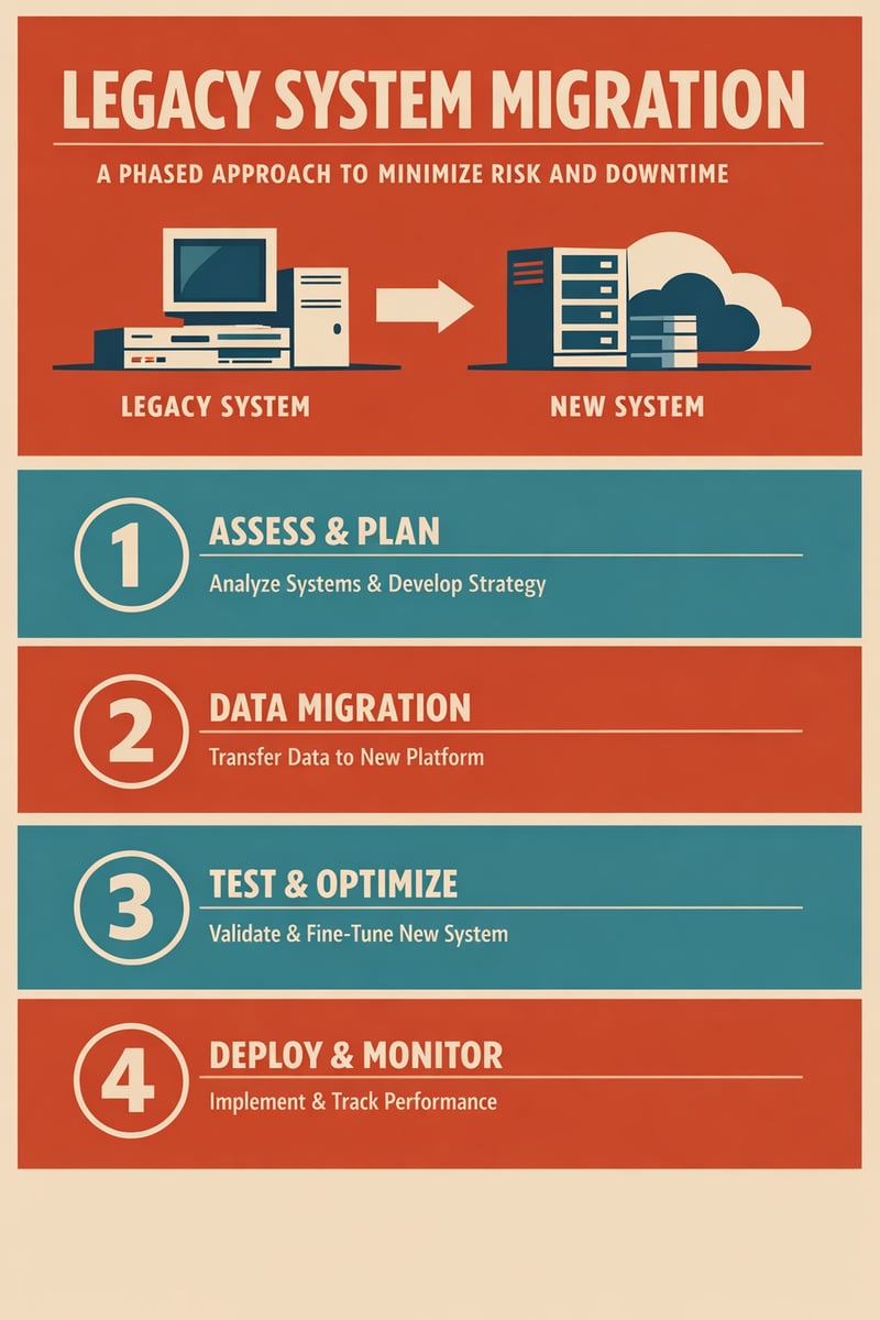 Legacy System Migration A Phased Approach to Minimize Risk and Downtime Professional infographic style retro poster