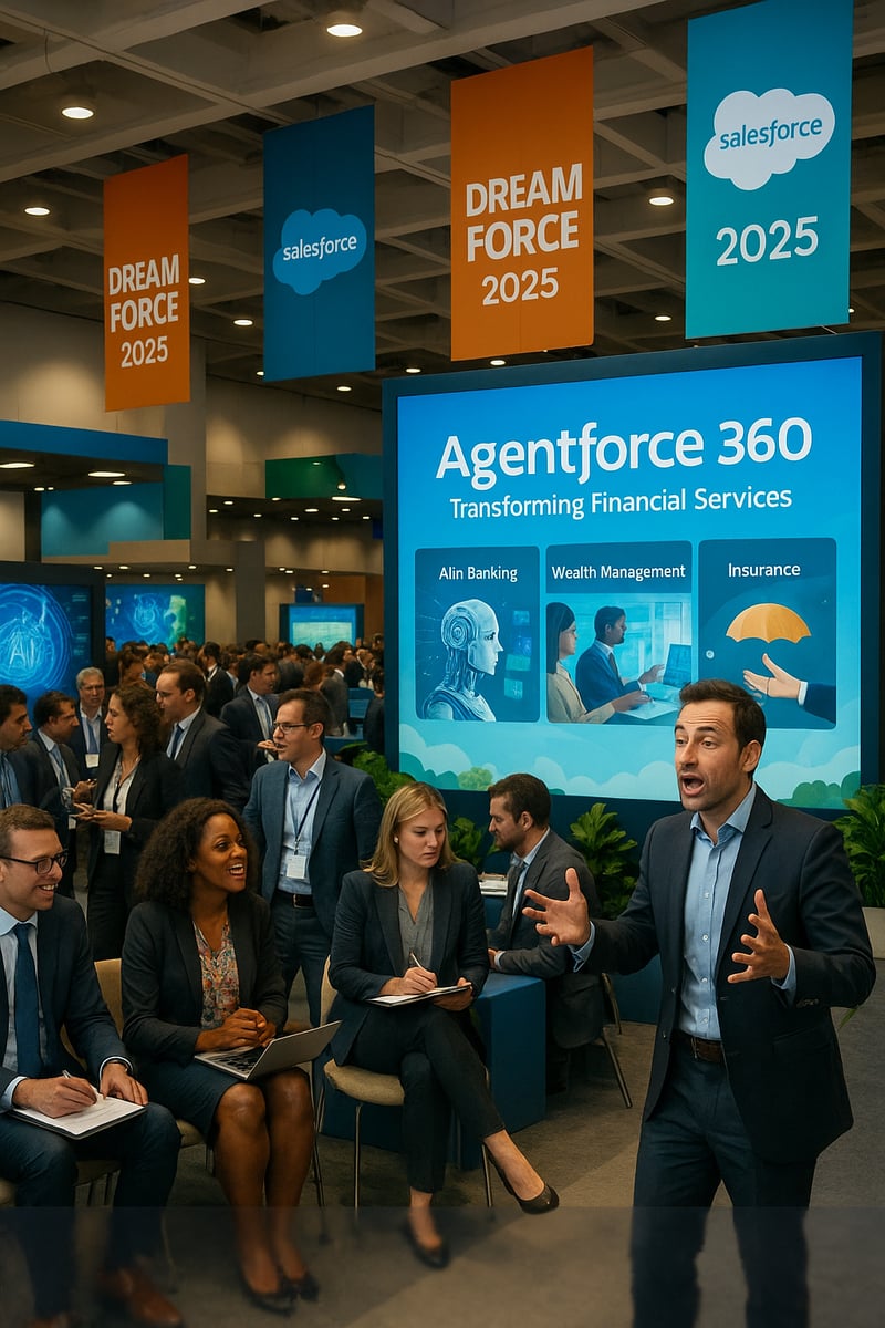 The image captures a bustling conference scene at the Salesforce Dreamforce 2025 event held in a large convention center