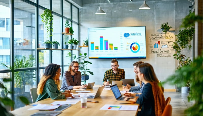 The image depicts a modern collaborative office space filled with bright natural light In the foreground a diverse team of