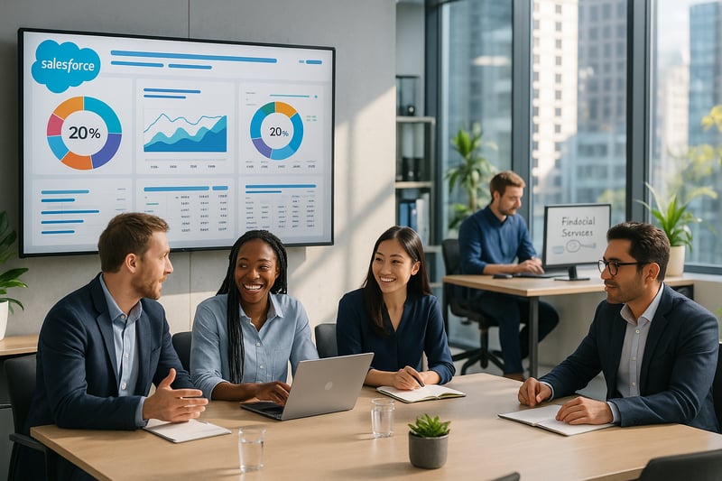 The image depicts a modern office environment bustling with activity In the foreground a diverse team of professionals