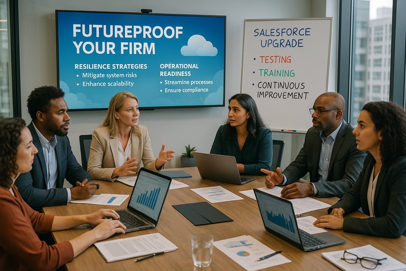 The image depicts a modern office environment filled with a diverse group of professionals engaged in a collaborative