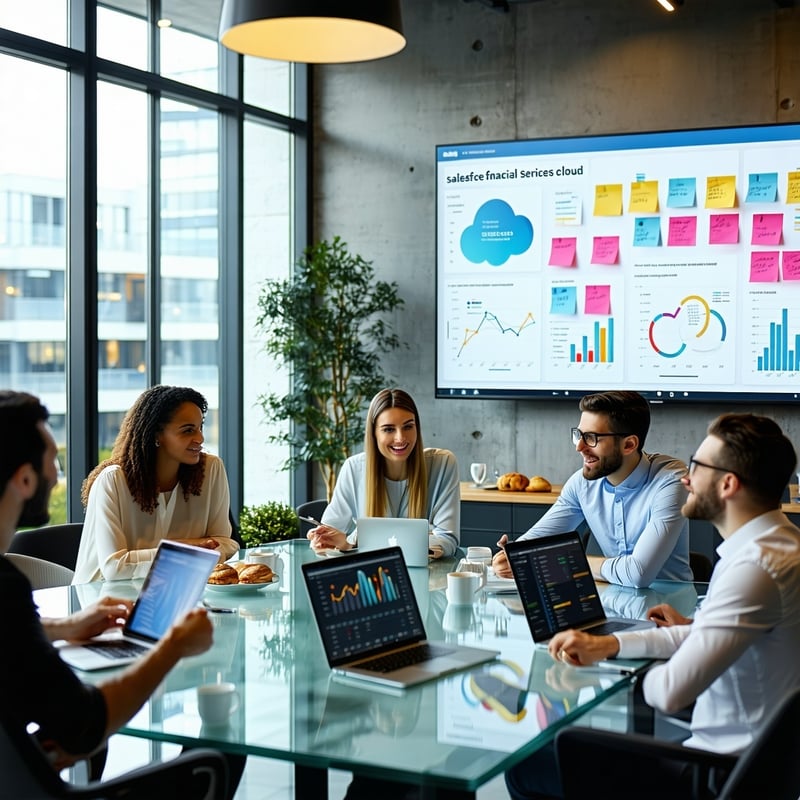 Financial advisor using Salesforce Financial Services Cloud on laptop to manage wealth management client relationships