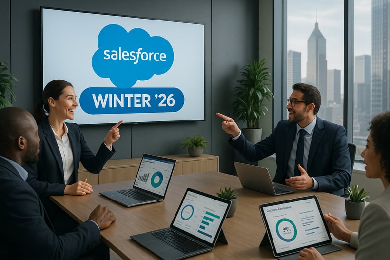 The image depicts a sleek modern office environment with a large digital screen displaying the Salesforce Winter 26 logo In