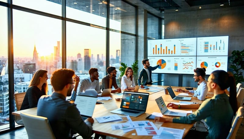 The image depicts a sleek modern office space bustling with activity In the foreground a diverse group of professionals