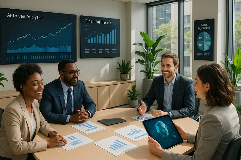The image depicts a sleek modern office space designed for financial advisors In the foreground a diverse group of