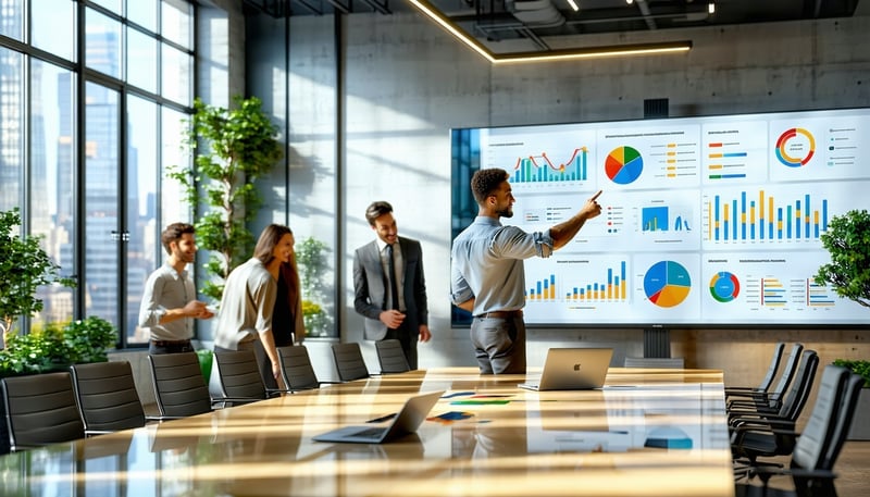 The image depicts a sleek modern office space designed for financial services professionals In the foreground a large glass