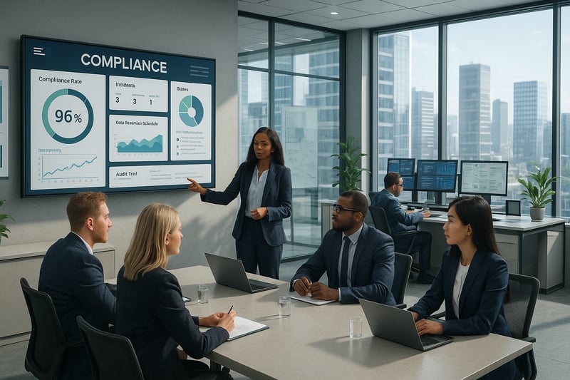 Financial services team reviewing Salesforce data archiving dashboard for compliance