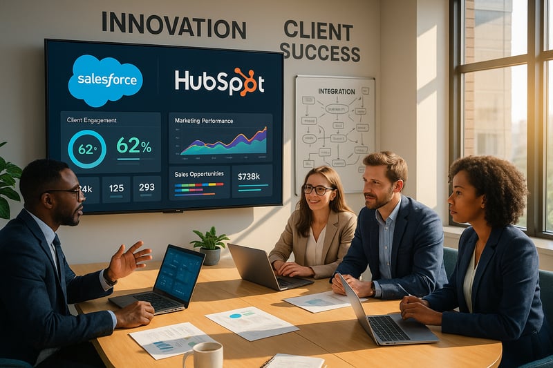 The image depicts a sleek modern workspace filled with professionals engaged in collaborative discussions around a large