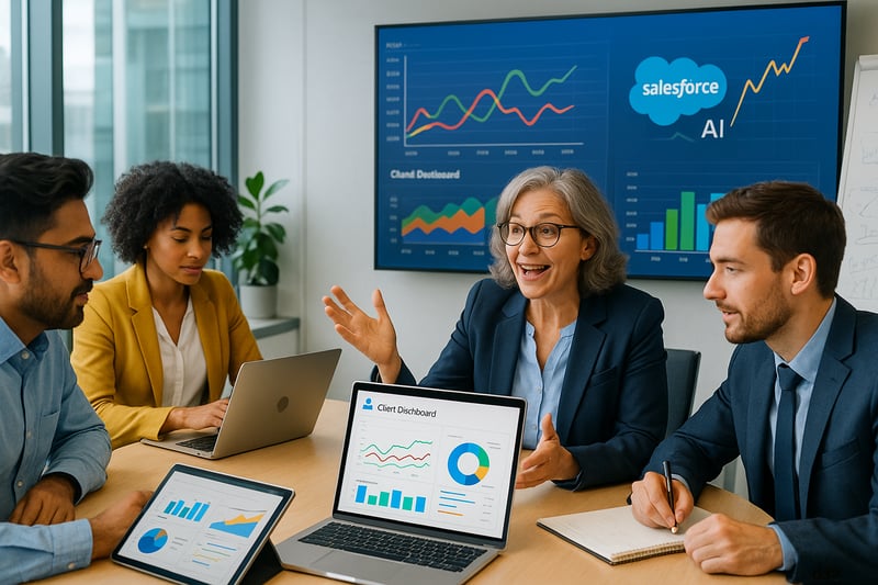 The image depicts a vibrant modern office setting where a diverse team of financial advisors collaborates around a sleek