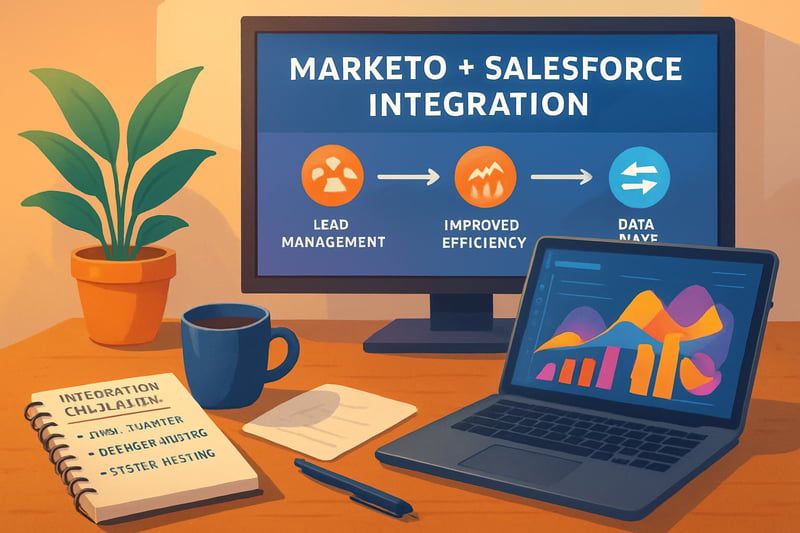 Digital workspace showing Marketo and Salesforce integration with data flowing between marketing automation and CRM platforms