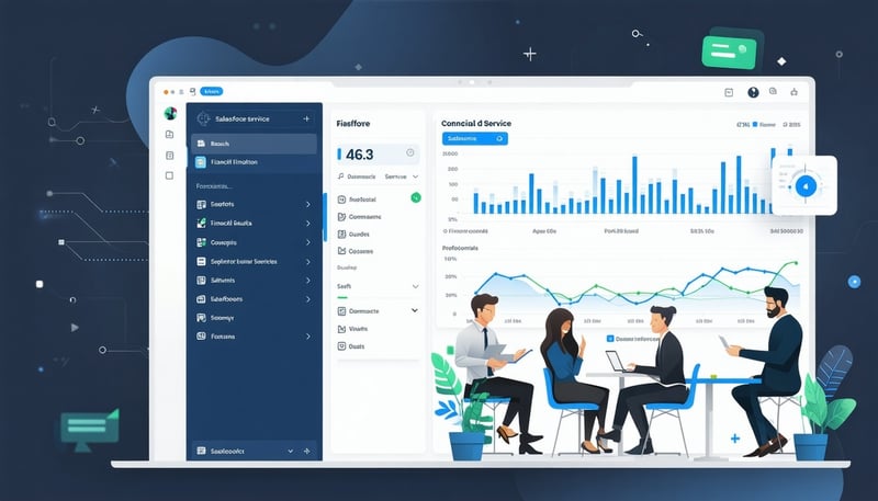 Financial services professionals reviewing Salesforce implementation strategies on digital screens in a modern office setting