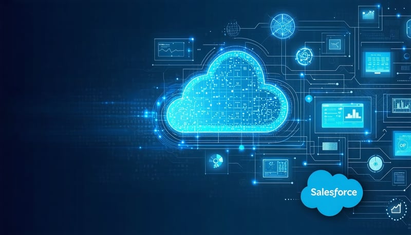 A dynamic visual showcasing the integration of advanced Salesforce Cloud technology in financial services