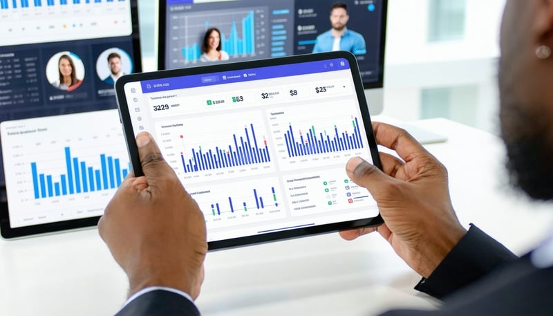 A financial advisor using a CRM dashboard on a tab