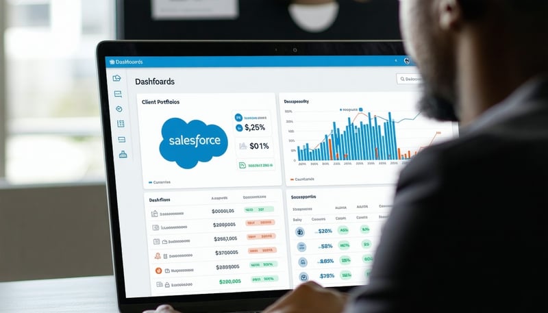 A financial advisor using a laptop displaying Salesforce Financial Services Cloud for wealth management