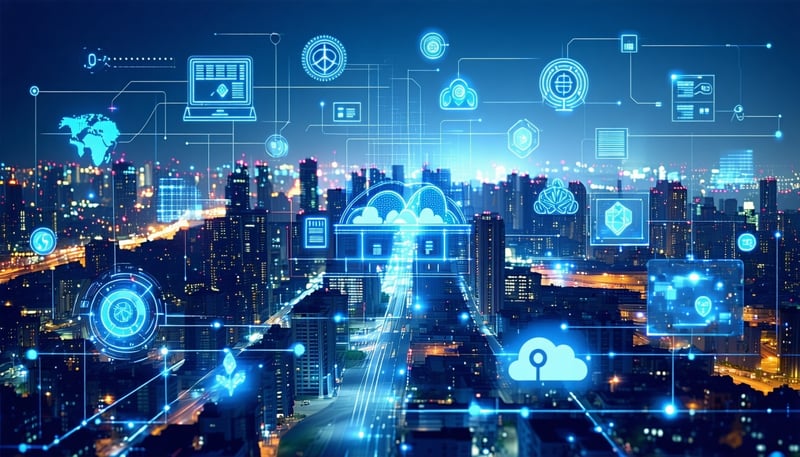 A futuristic cityscape with digital data streams a