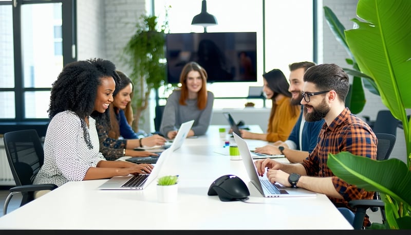 Modern office team reviewing Slack June 2025 updates for financial services collaboration