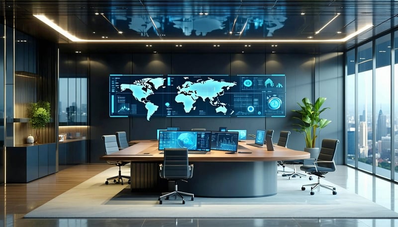 A sleek, modern office with automated systems and