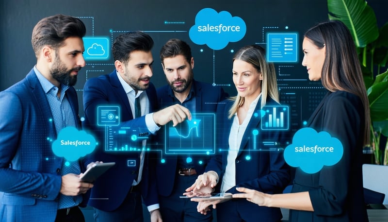 A team of financial services professionals collaborating on Salesforce solutions at Vantage Point