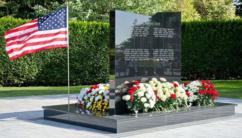 An American flag gently waving next to a war memor