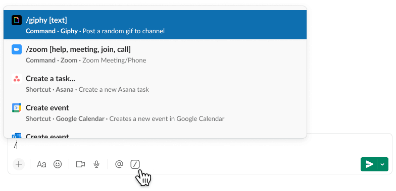Slack slash button interface for quick access to financial services shortcuts and workflows