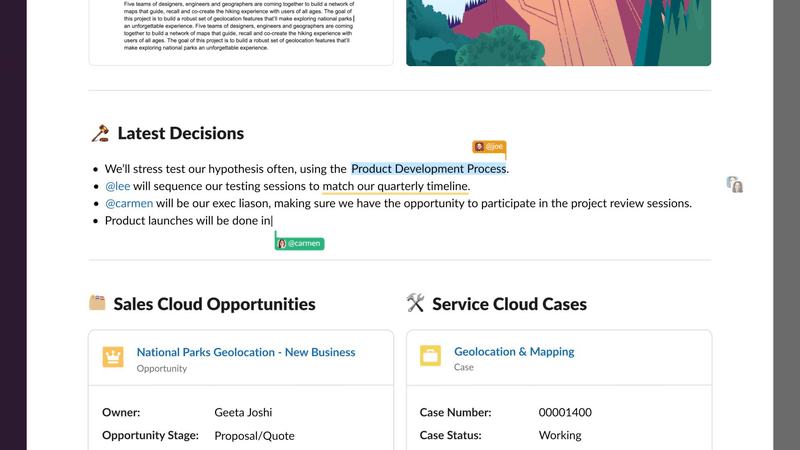 Slack Canvases interface showing collaborative project workspace for financial services teams
