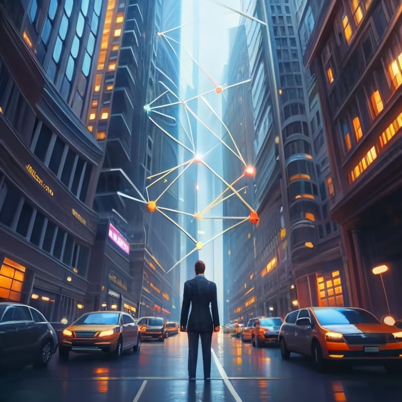 Scientist connecting wall street buildings illu