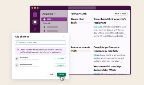 Slack AI channel summary feature showing automated knowledge sharing for financial teams