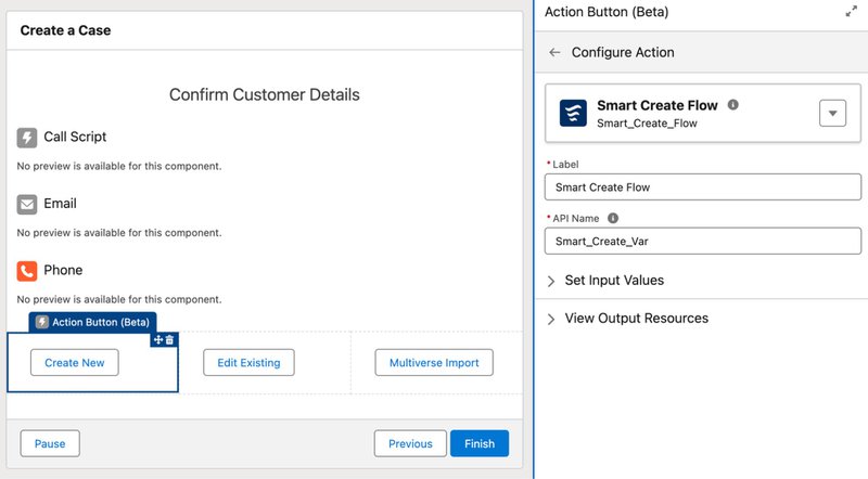 Salesforce Flow Action Buttons interface showing interactive screen flow elements