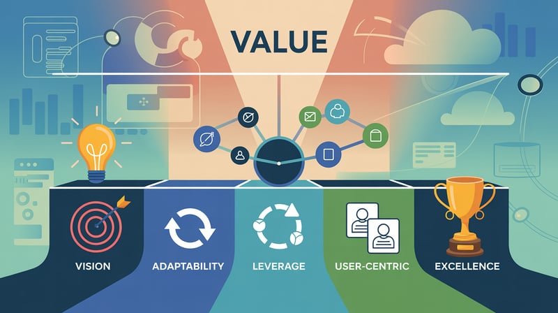 VALUE methodology infographic showing five interconnected components arranged in a flowing design: Vision (with target and lightbulb icons), Adaptability (with circular refresh arrows), Leverage (with interconnected network nodes), User-Centric (with user profile icons), and Excellence (with trophy icon). The design uses a professional color palette of blues, teals, and greens with modern geometric styling, representing Vantage Point's proven process for financial services Salesforce implementations.