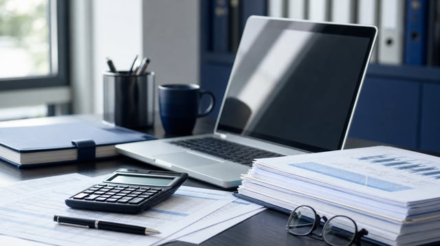 Accounting desk with calculator, ledgers and a laptop
