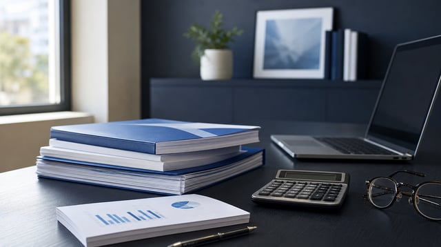 Actuarial workspace with benefits reports, a calculator, and a laptop in daylight