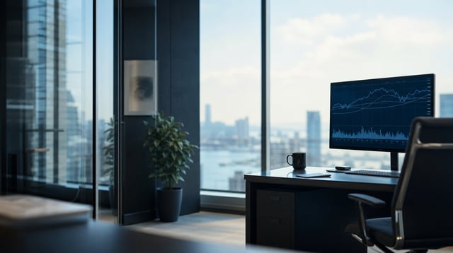Asset management office with financial charts on a monitor