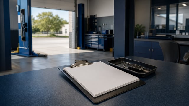 Auto service office counter with a clipboard, keys and daylight from a bay door