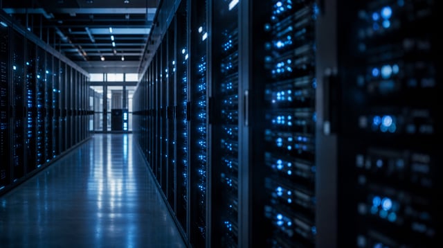 Server racks in a data center lit with soft blue indicator lights