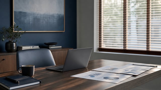 Small advisory office desk with laptop and printed charts in afternoon light