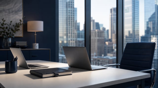 Laptops and a notebook on a desk in a small investment office with a city view