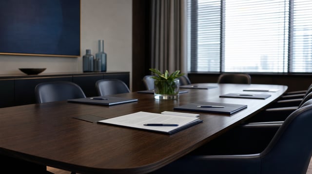 Conference room table with closed folders and contract documents in diffused light