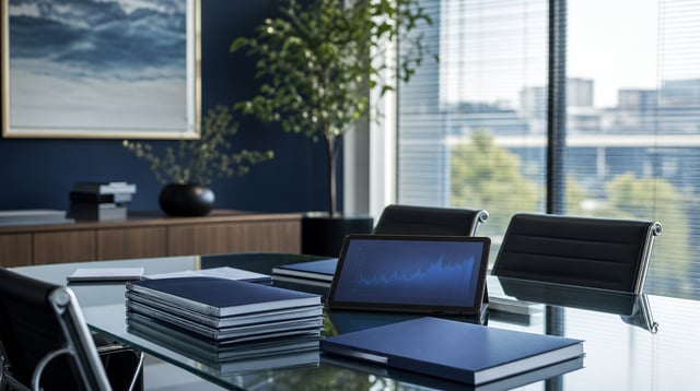 Conference table with bound reports and a tablet showing abstract blue performance charts