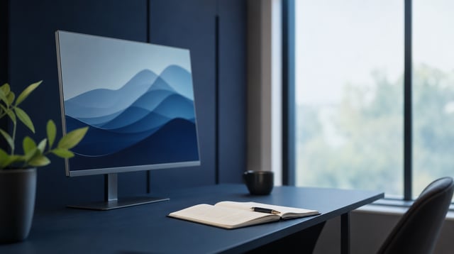 Minimal desk with monitor showing abstract blue charts