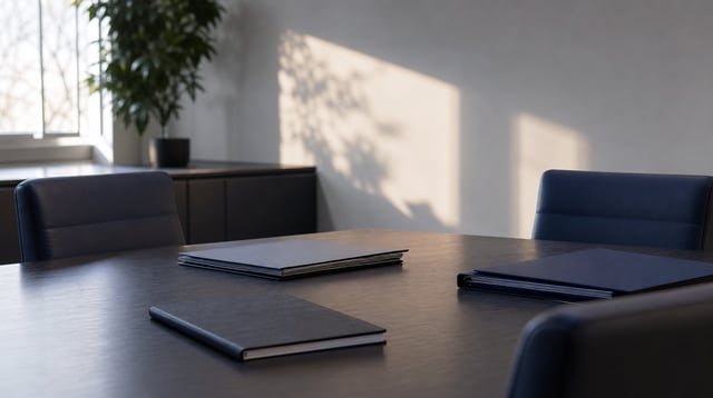 Meeting table with folders and notebook in a consulting office
