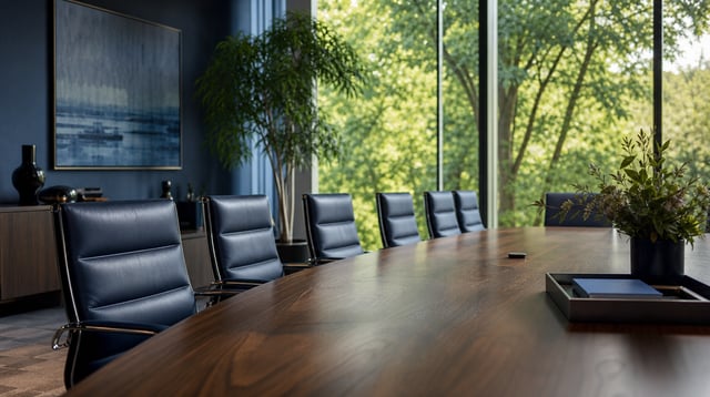 Walnut conference table and leather chairs in a wealth advisory office