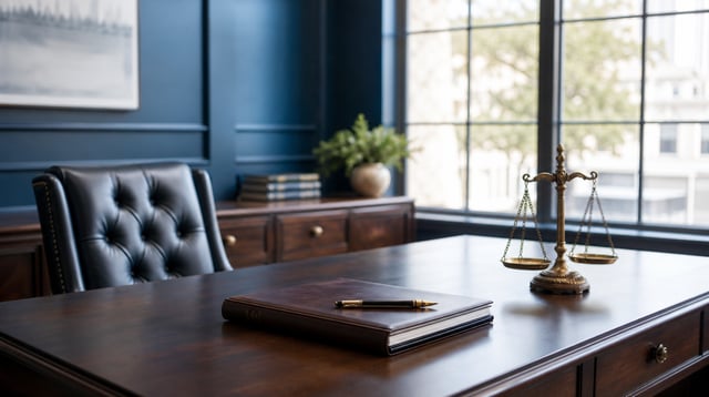 Trust advisory office desk with leather portfolio, pen, and brass scale in soft daylight