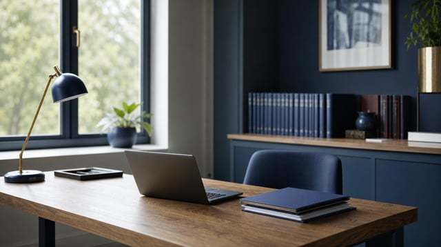 Compact advisory office desk with laptop and client folders in soft daylight