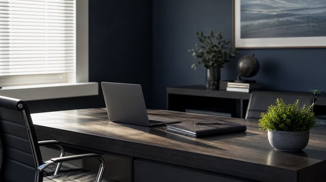 Boutique advisory office desk with a laptop and leather portfolio in morning light