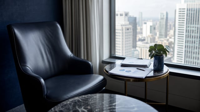 Boutique advisory office corner with leather chair and reports in daylight