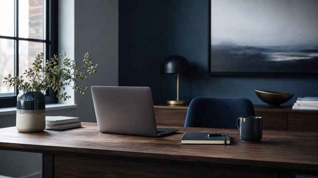 Quiet private office desk with laptop and notebook in soft window light